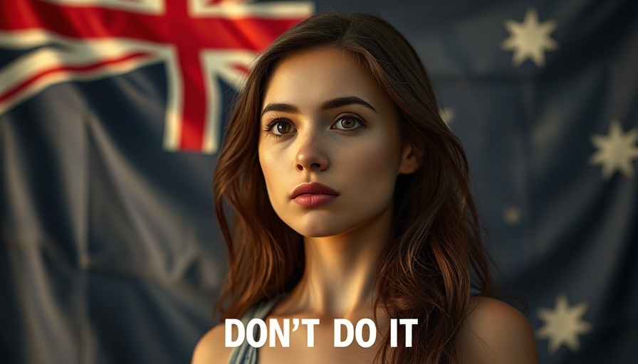 Young woman pondering 'What to do in Oz' with an Australian flag backdrop.