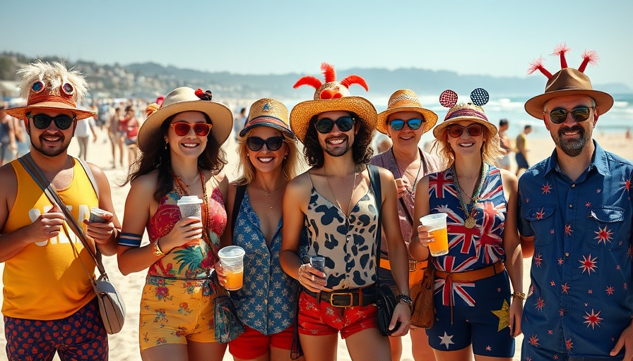 Group in quirky Australian outfits at beach, weird things Australians do.