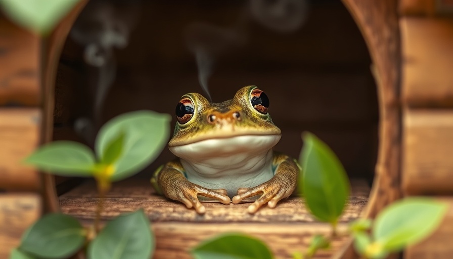 DIY frog sauna with a relaxed frog in a tiny wooden sauna.