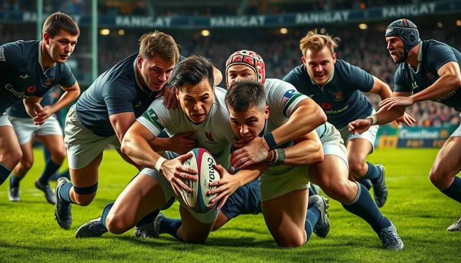 Intense rugby match highlighting player collision with safety mouthguards.