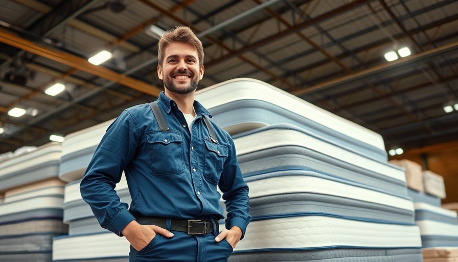 Smiling worker in a mattress recycling warehouse in Queensland.