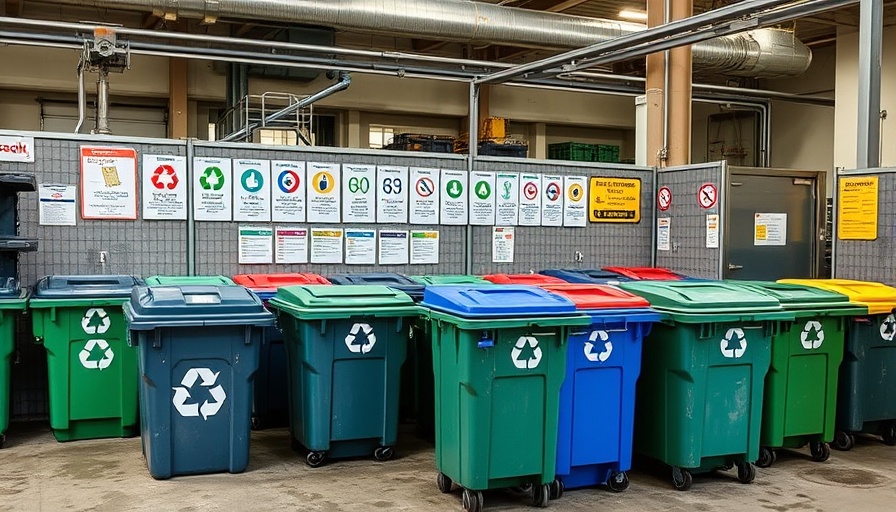 EPA Campaign to Reduce Problem Waste recycling center with bins and signs.