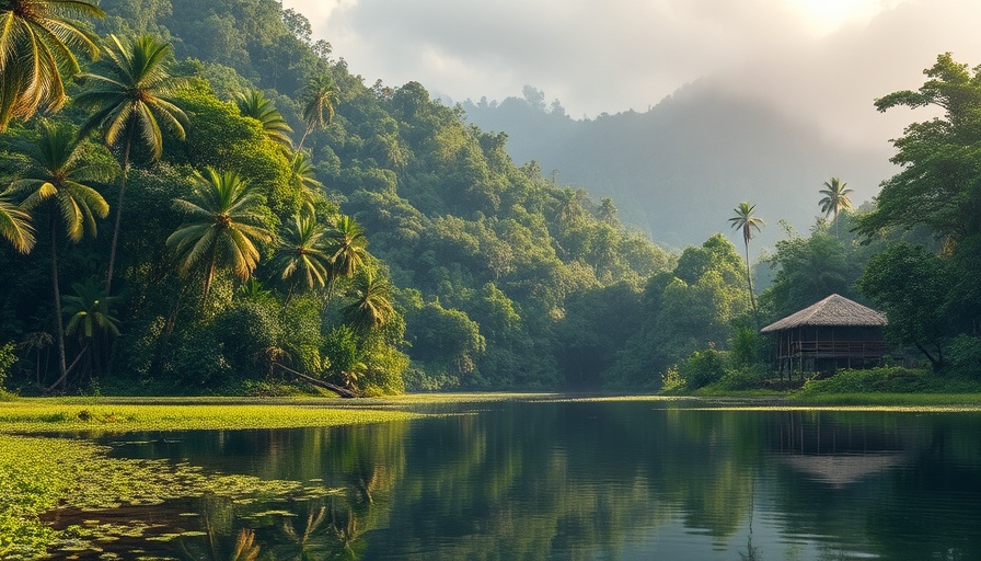 Lush riverbank and rainforest reflecting calm water, Oceania Indigenous trade routes