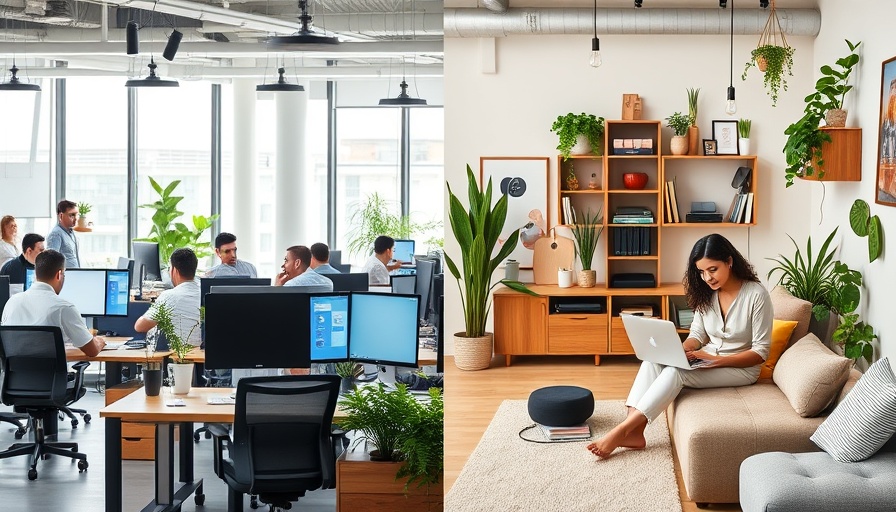 Comparative image showing office and home work environments.