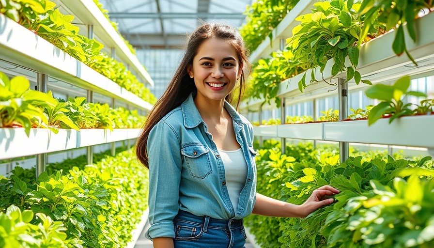 Woman tending solar-powered hydroponics garden with vertical towers.