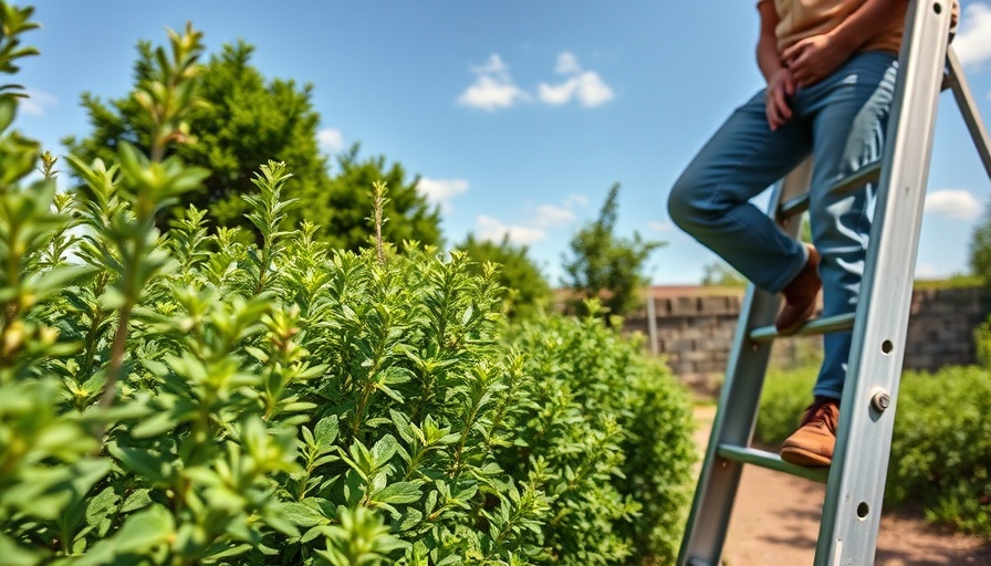 Maximizing oregano cultivation: person on ladder with lush plants.