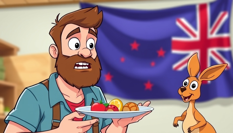 Humorous Australian lifestyle and culture scene with man and kangaroo.