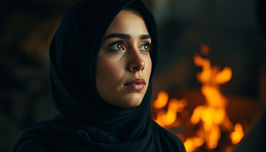 Thoughtful woman in black hijab with fiery background for Raaza Jamshed novel on migration and identity.