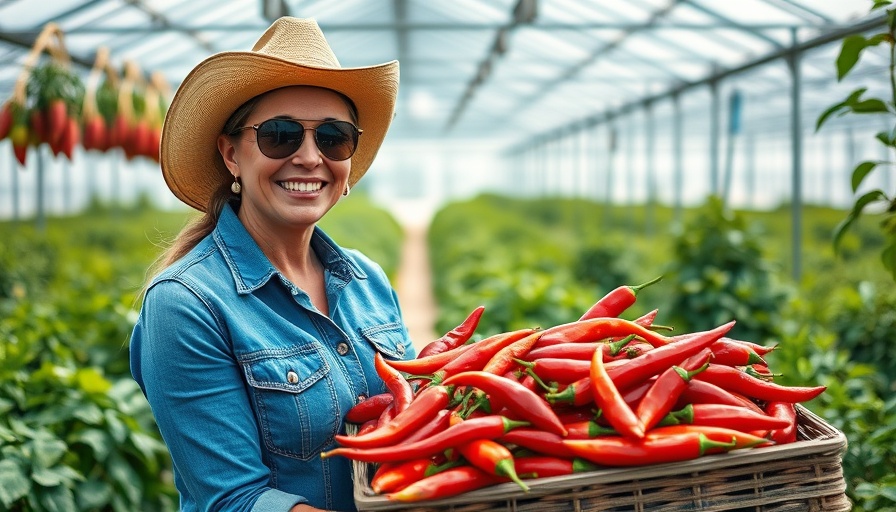 Smiling woman in greenhouse holding tray of red chili peppers