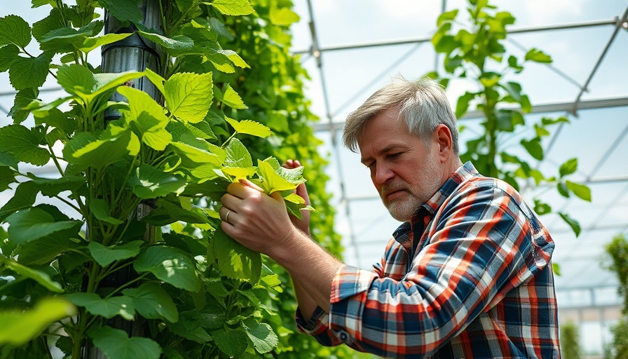 Man harvesting plants from hydroponic vertical farm tower.