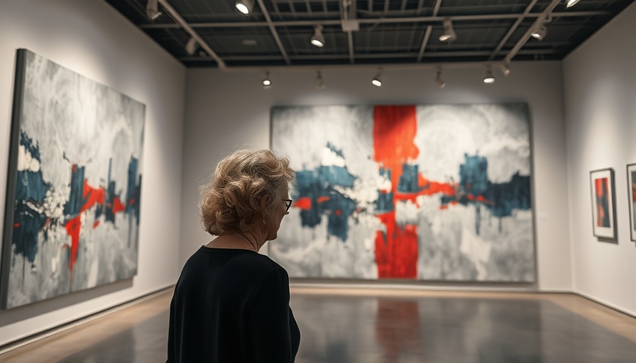 Art in the age of commodities: woman observing abstract painting in gallery.