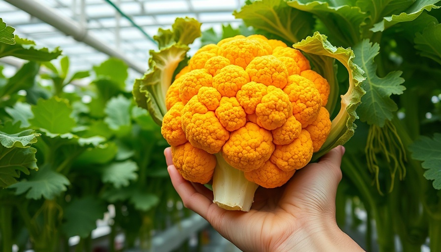 Orange cauliflower grown in an aeroponic system showing visible roots