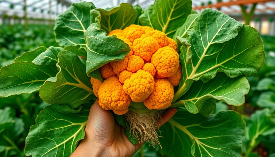 Vibrant orange cauliflower in a hydroponic vertical farm setting.