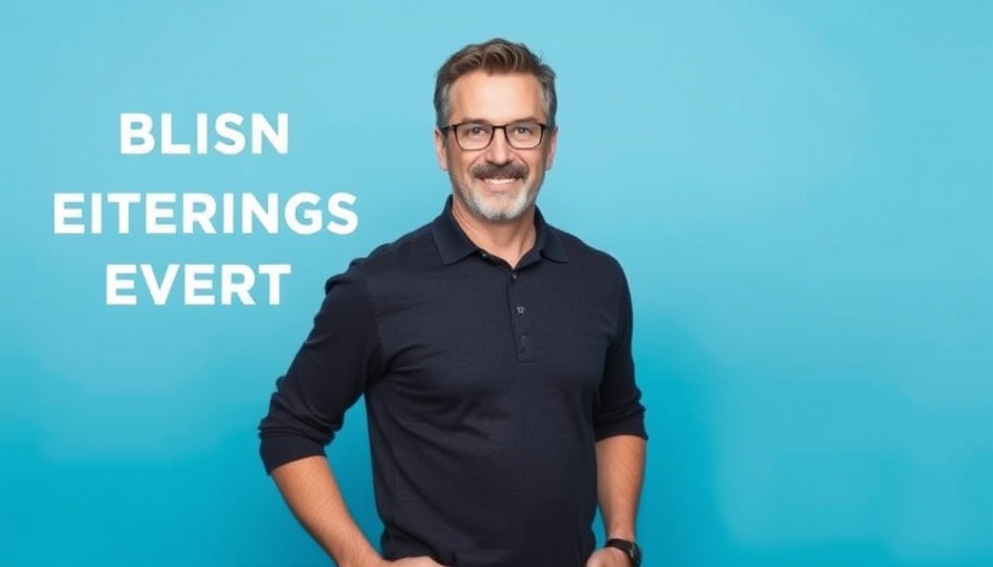 Promotional image of a live event with a confident man in a blue shirt.