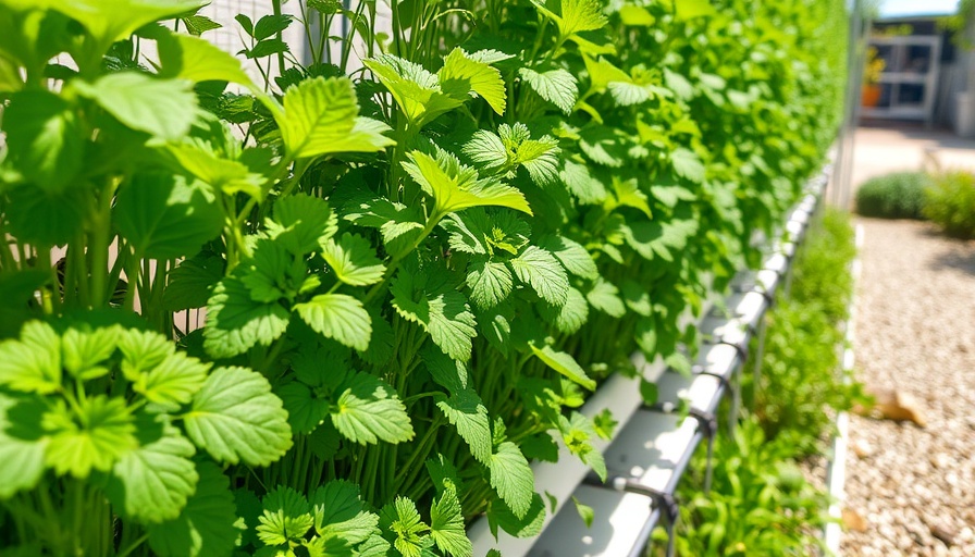 Hydroponic vertical farming with thyme and greens in an outdoor setting.
