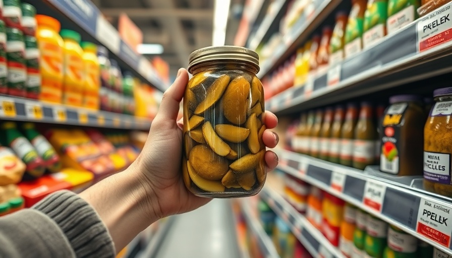 A person selecting a jar of pickles in a supermarket aisle.