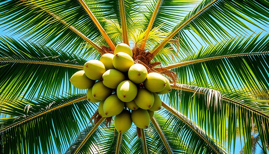 Coconut palm tree against blue sky showcasing coconut health benefits.