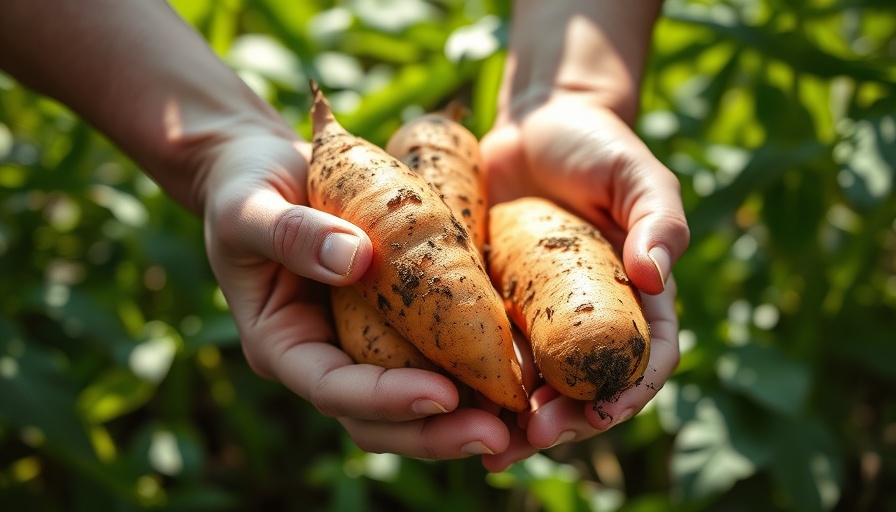 Freshly harvested sweet potatoes held in hands with green background