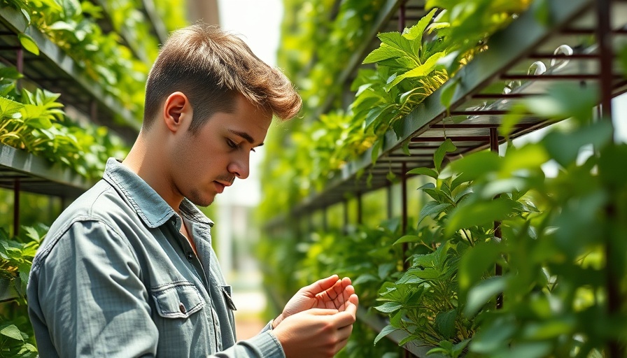 Man engaged in seed placement for vertical farming with lush plants.