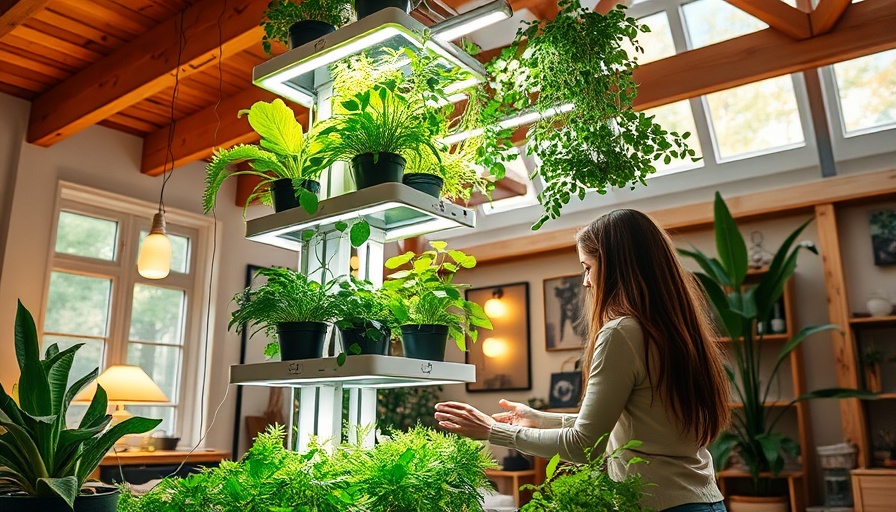 Home aeroponic tower with a woman tending plants, cozy interior.