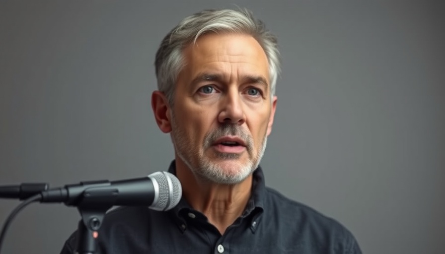 Middle-aged man discussing bloating, studio setting, soft lighting.