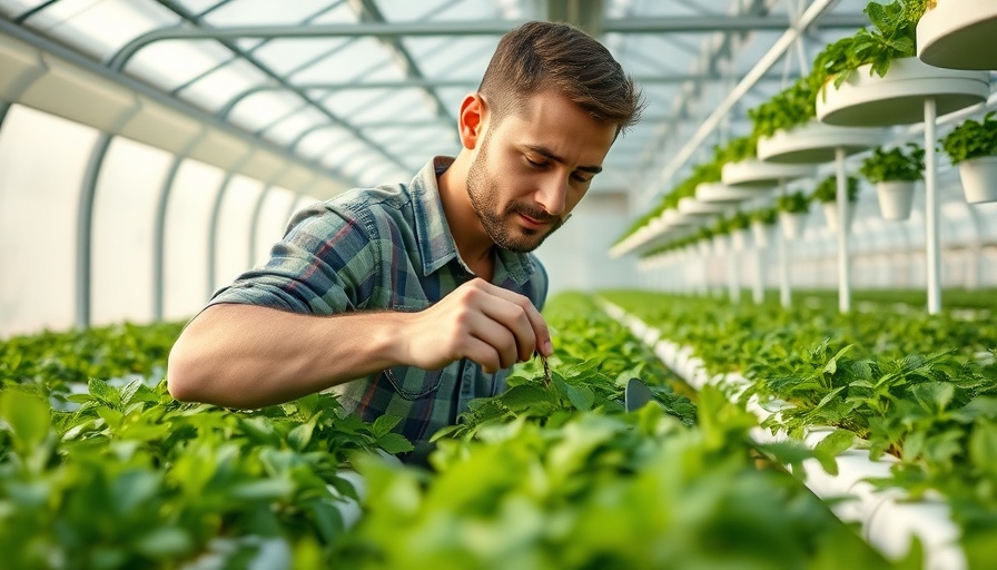 Man harvesting mint in an aeroponic greenhouse.