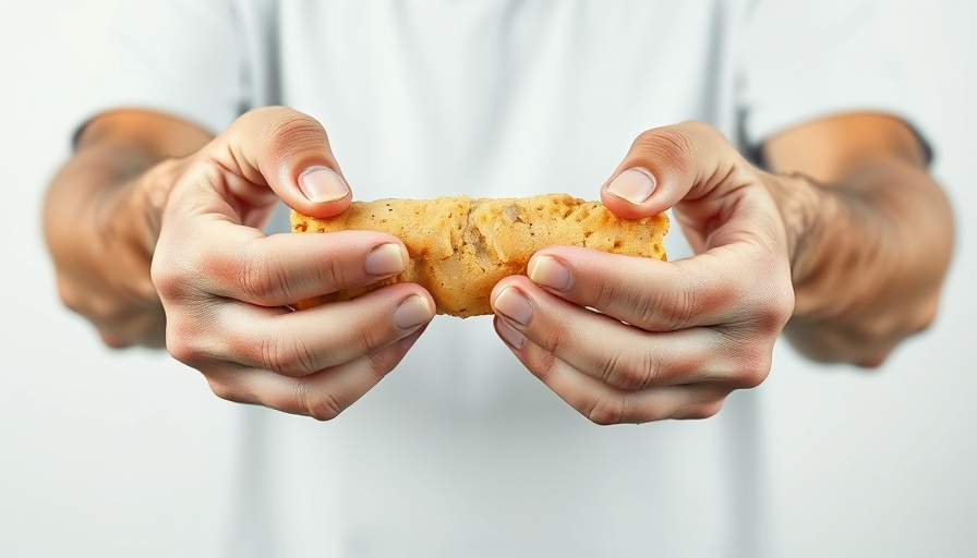 Foods to Avoid for Arthritis: Man holding snack bar next to inflamed hands.