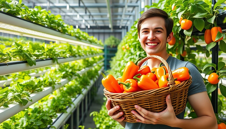 Person harvesting peppers in vertical farming on aeroponic towers.