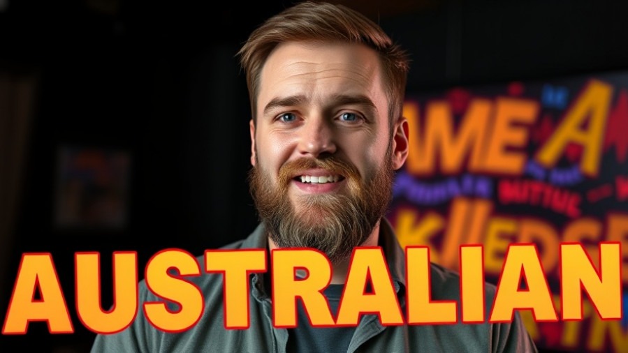 Bearded man jokingly showcasing Aussie slang in casual attire with vibrant colors.