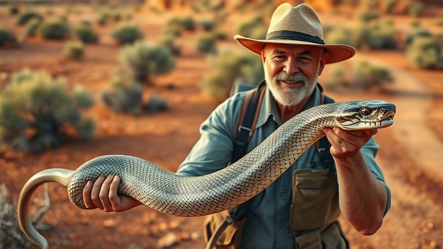 Adventurous man in cork hat holding a snake in the Australian outback, showcasing unique rituals Australia.