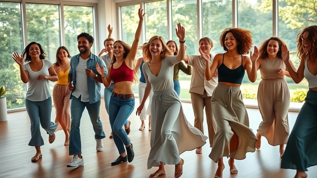 Vibrant group of Christchurch adults, joyful expressions, dancing together in a spacious studio, Nia dance benefits