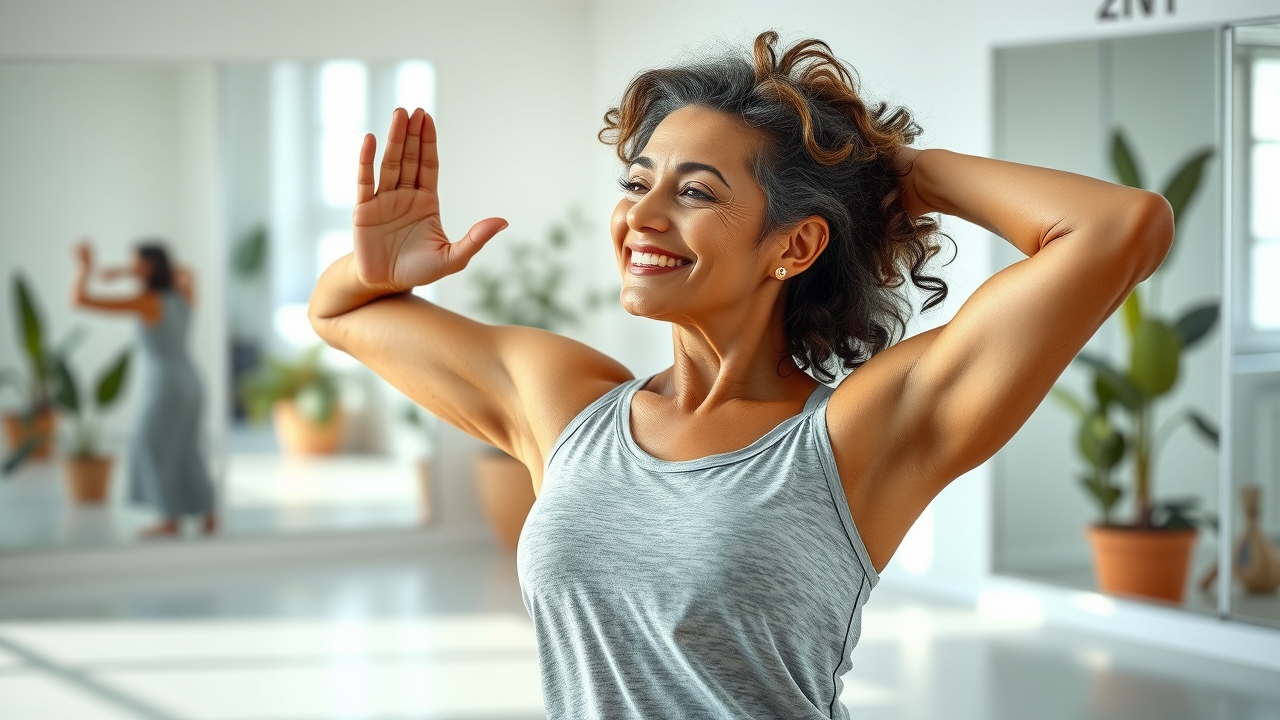 Confident mature Christchurch woman stretching in Nia dance pose, Nia dance benefits for quality of life