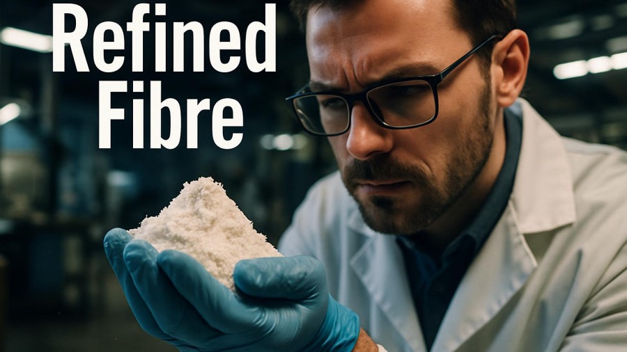 Scientist analyzing refined fiber powder, emphasizing gut health and microbiome balance.