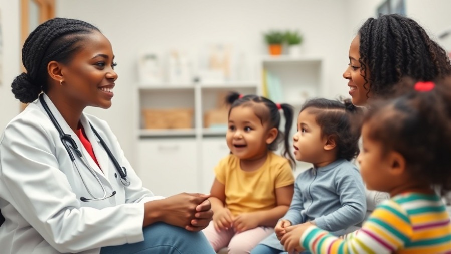 Black female doctor discussing primary care challenges with a Hispanic mother and children.