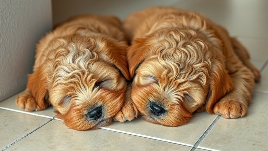 Two fluffy labradoodle puppies resting together, evoking a cozy vibe.