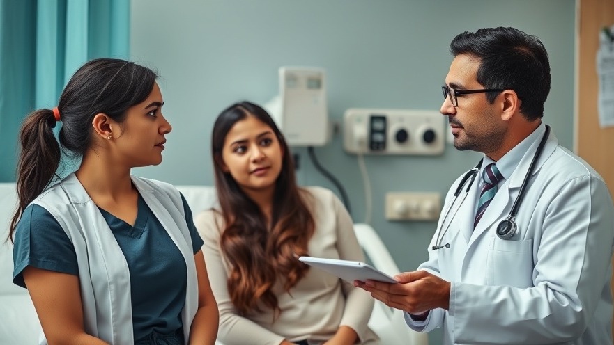 Doctor discussing language access services with a Hispanic mother confused by limited English proficiency.
