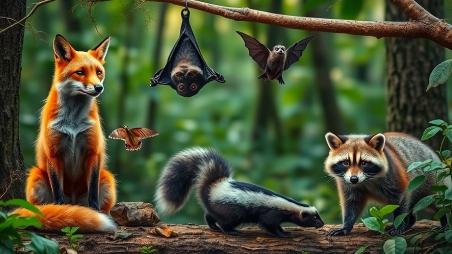 Diverse wildlife including a fox, bat, skunk, and raccoon in a lush forest, highlighting health information.