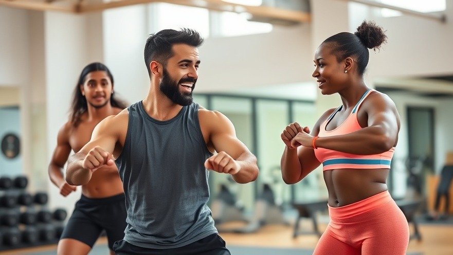 Energetic fitness trainer leads standing cardio workout routine in a modern gym.