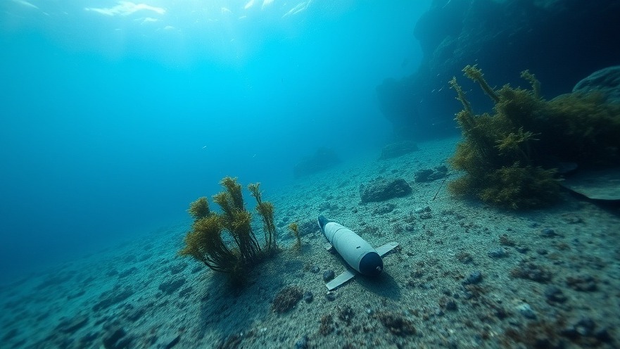 Underwater view of ocean floor showing seaweed and a missile, highlighting seafood safety risks.