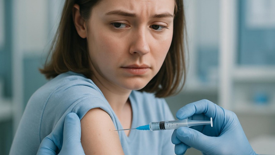 Young woman receiving Multiple Sclerosis vaccination in a clinical setting.