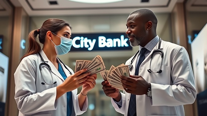 Female doctor discusses women's earnings with her male counterpart in a bank lobby.