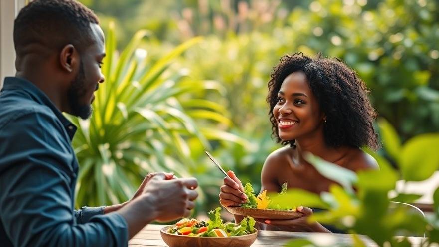 Couple enjoying a healthy salad in a tranquil garden, promoting well-being through nutrition.