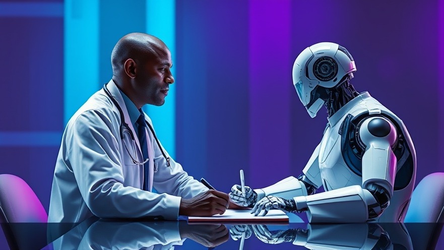A doctor discusses healthcare technology with a writing robot, showcasing patient care efficiency.
