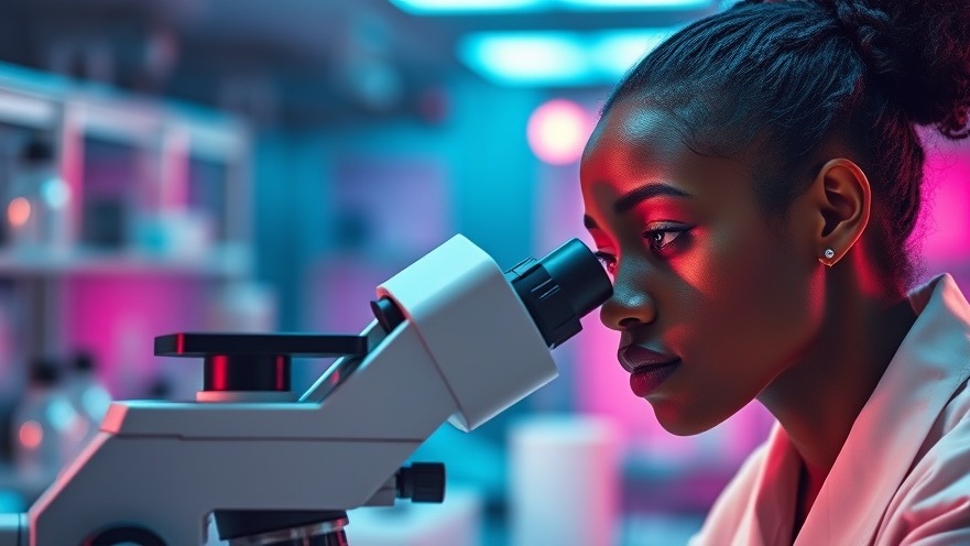Black woman examining sample under microscope in futuristic lab, highlighting healthcare accessibility.