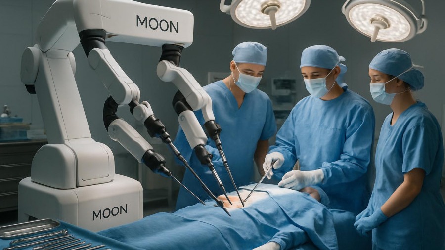 AI in healthcare: Moon surgical robot assists in surgery with nurses and tools.