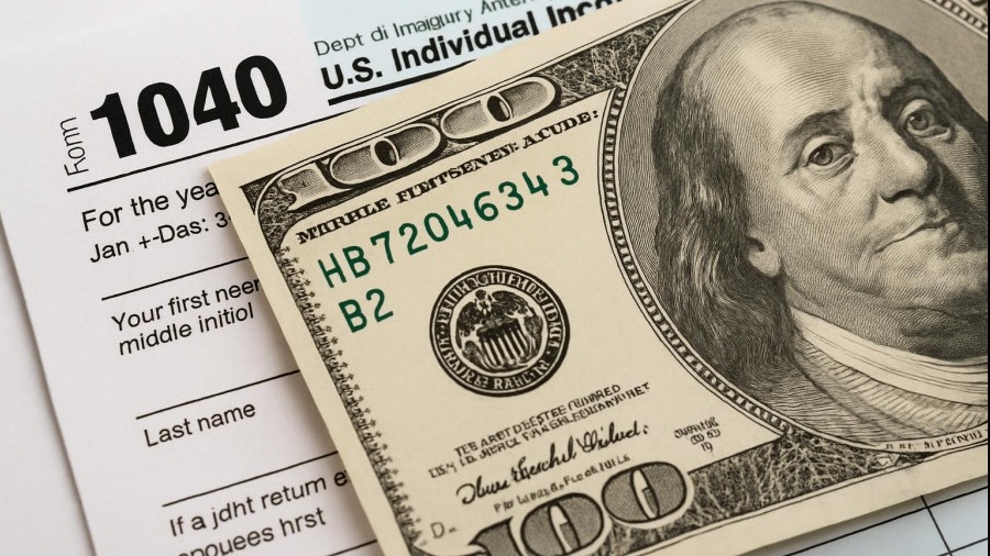 1040 tax form with a dollar bill, showcasing tax planning for doctors.
