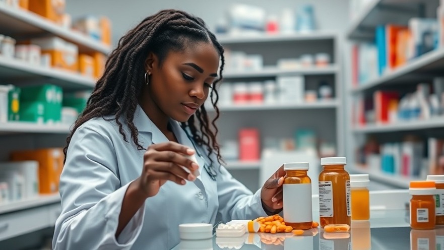 Black female pharmacist in lab coat counting pills for health and wellness prescriptions.