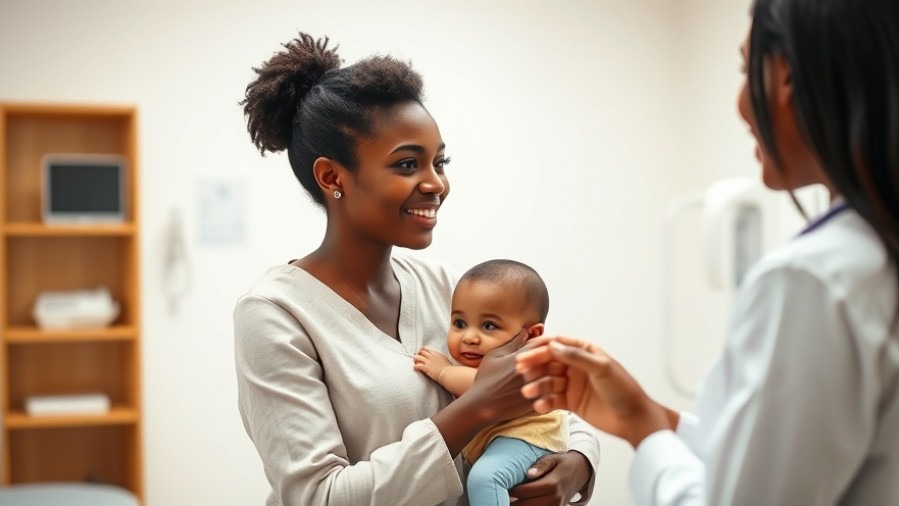 Black mother discussing health equity with her female doctor in a bright exam room.