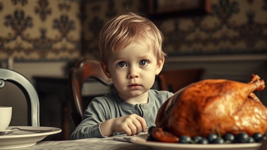 Charming child at a vintage table, exploring turkey and healthy meals; nutrition facts in focus.
