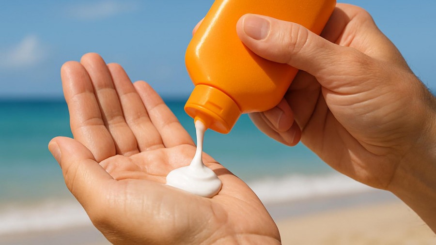 Sunscreen innovation: applying FDA-approved lotion on a sunny beach.